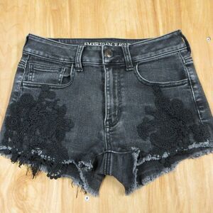 AMERICAN EAGLE Hi-Rise Shortie Womens Size 0 Black Lace Ripped Denim Jean Shorts
